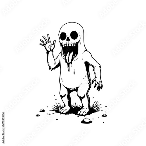 Eerie monochromatic illustration showcasing a whimsical skeleton character greeting from its