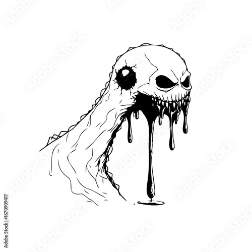 Eerie monochrome digital sketch featuring a ghoulish creature with dripping viscous liquid