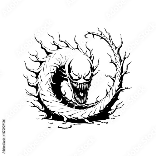 Eerie monochrome illustration of a coiled monster with spiky tendrils and fearsome jaws in a stark