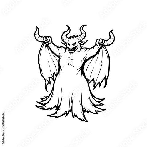 Eerie spectral horned figure ascending with menacing expression in black and white ink drawing