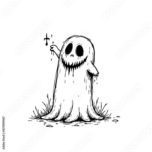 Eerie spectral apparition with grinning visage and dripping essence amidst desolate undergrowth