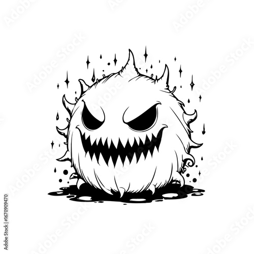 Eerie sphere character with menacing grin creates a unsettling spooky presence illustrated in a