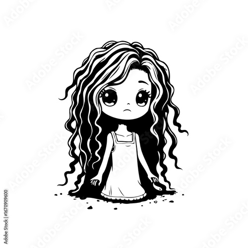 Enigmatic character illustration featuring a girl with voluminous curly hair in simple black and