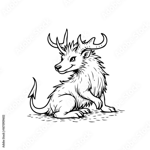 Enigmatic creature heraldic emblem, majestic horned beast line art illustration, fantasy design