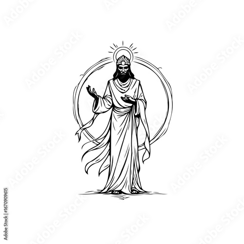 Enigmatic divine figure with radiant halo and serene expression depicting spiritual essence and