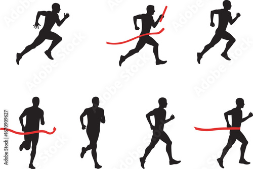Silhouette vector of male runners crossing finish line, sprinting and jogging, perfect for race, sports, fitness, and athletic designs.