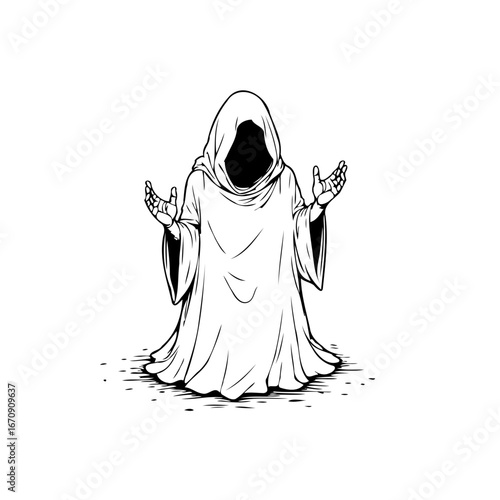 Enigmatic figure cloaked in mystery offering a stark contrast between light and dark artistic