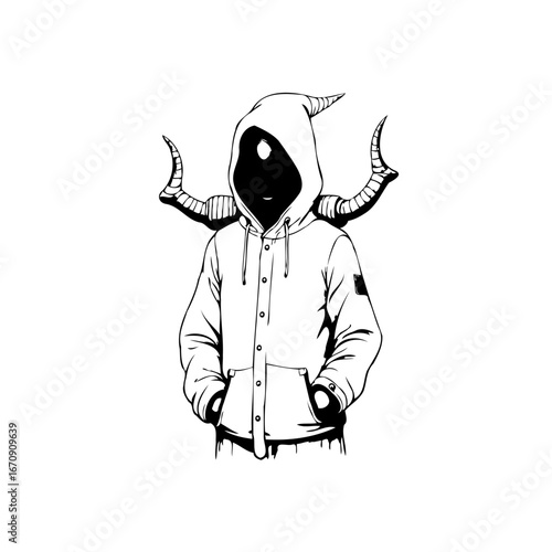 Enigmatic hooded figure adorned with spectral horns amidst stark monochrome minimalism creating an
