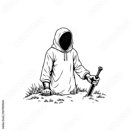 Enigmatic hooded figure emerging from earth grasping a sword mysterious ambiance detailed