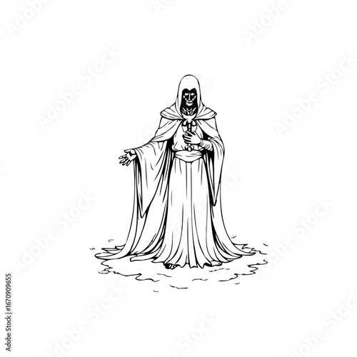 Enigmatic reaper figure in hooded cloak evokes gothic mystery and otherworldly presence in somber