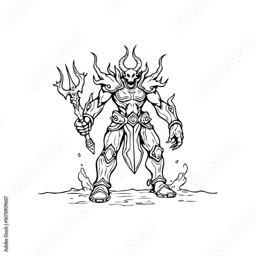 Enigmatic illustration of demonic warrior figure wielding a trident in monochrome artistic