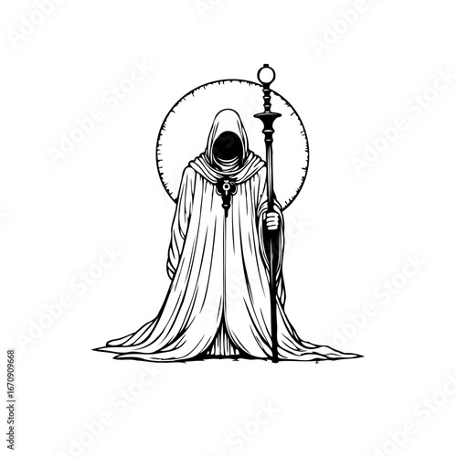 Enigmatic robed figure holding scepter with halo evokes fantasy and mystery in monochrome drawing