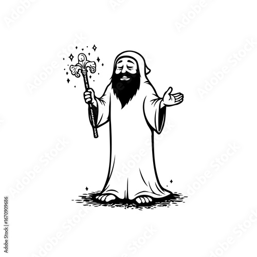Enigmatic sorcerer casting spell with ornate wand creating mystical ambiance and standing with his