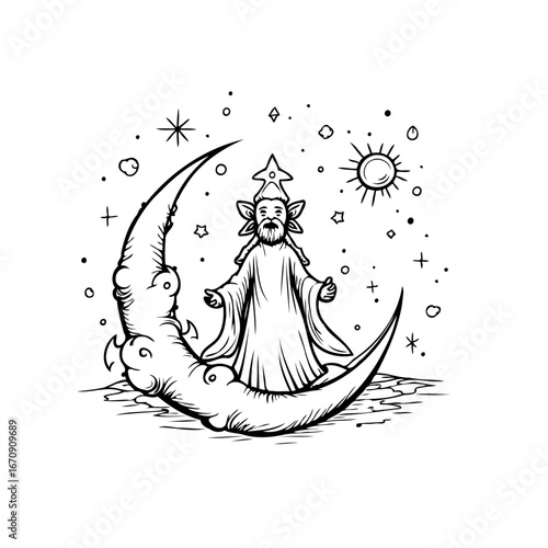 Enigmatic sorcerer presiding over celestial domain where stars sparkle above the crescent moon a