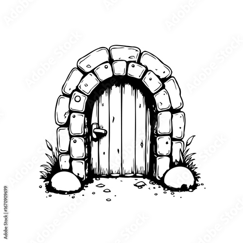 Enigmatic stone archway with weathered wooden door inviting exploration into unknown realms a