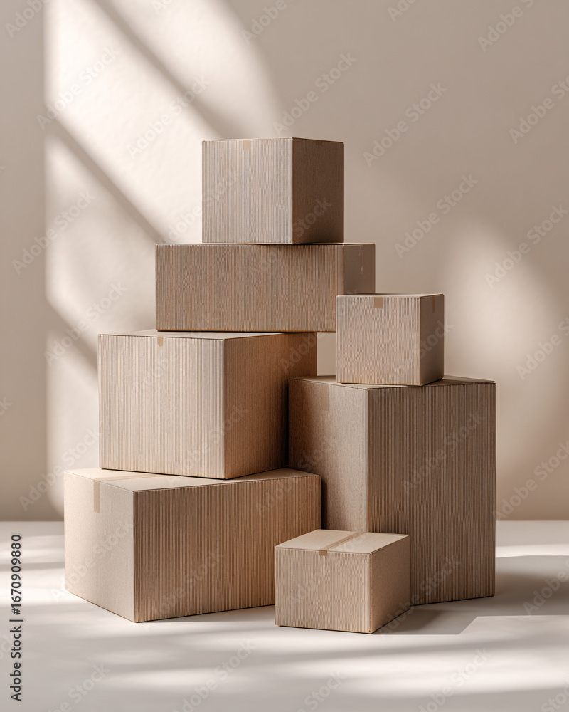 Obraz premium Minimalist arrangement of stacked recycled cardboard boxes on smooth light backdrop. clean sustainable packaging mockup.