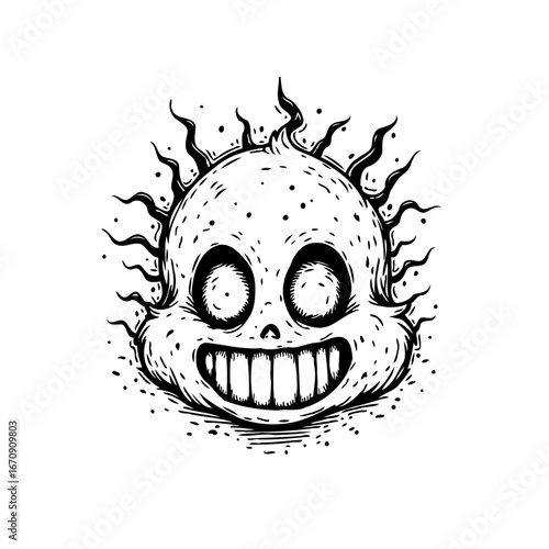 Expressive monochrome cartoon character with unique spiky hair and a captivatingly peculiar grin