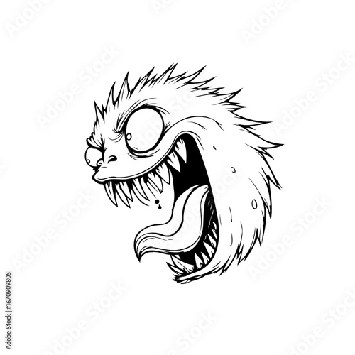 Expressive monochrome monster head with exaggerated features ready to scare design isolated on a