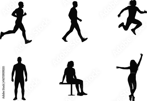 Silhouettes of men and women in various actions including running, walking, sitting, and jumping for fitness lifestyle illustrations.
