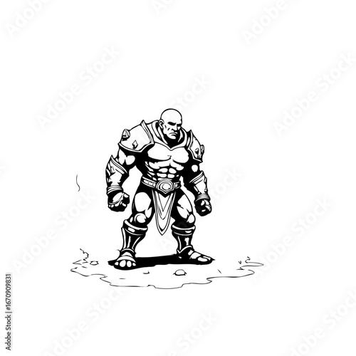 Fearsome warrior illustration: A muscular figure in detailed armor standing ready for battle