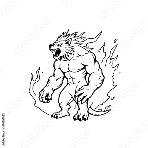 Fierce anthropomorphic beast outlined in black with flames embodies strength and fury isolated