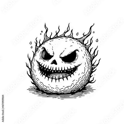 Fiery sphere of malevolence: a monochromatic illustration of a menacing face radiating flames of