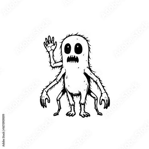 Friendly whimsical monster illustration with welcoming wave on plain background suitable for