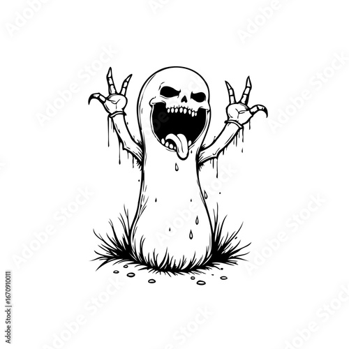 Humorous spectral creature illustration with bone visage joyful antics and wild gestures in