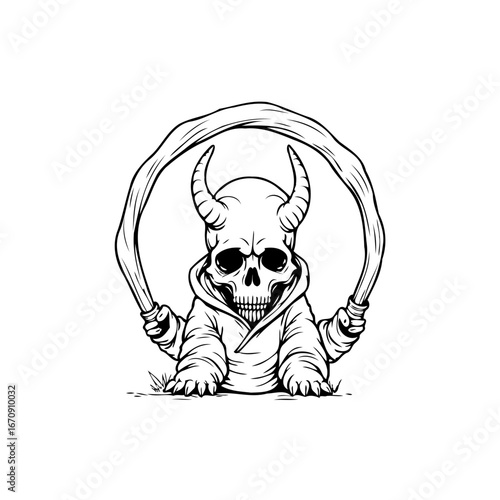 Illustrative demon character jumping rope in hooded sweatshirt creating a spooky yet playful