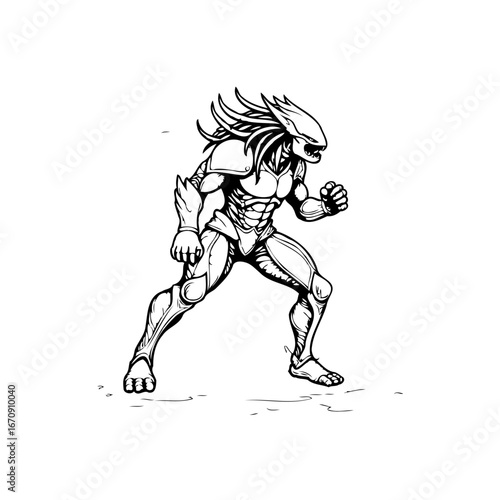 Illustrative depiction of a fictional menacing alien humanoid warrior ready to engage in combat