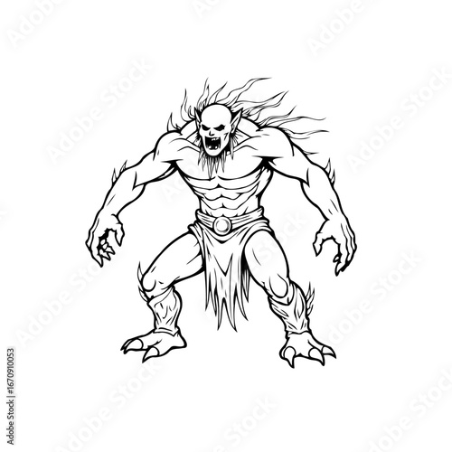 Illustrative depiction of a monstrous figure embodying dark fantasy creature with fiery accents