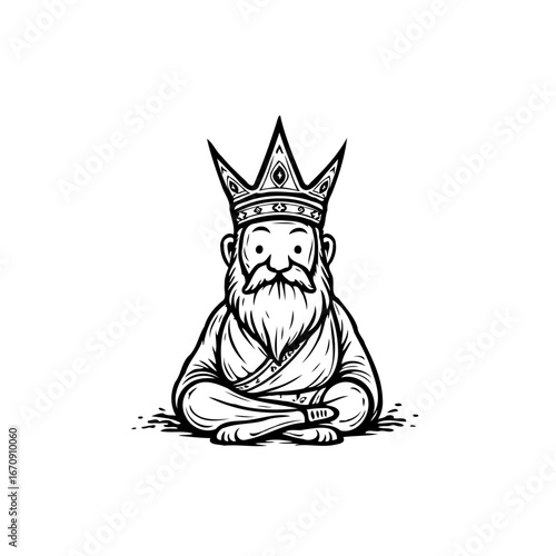 Illustrative depiction of a wise old king sitting with dignity wearing a crown on his head royal