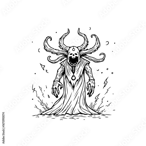 Illustrative depiction of a spectral entity a skeletal figure adorned with otherworldly tentacles