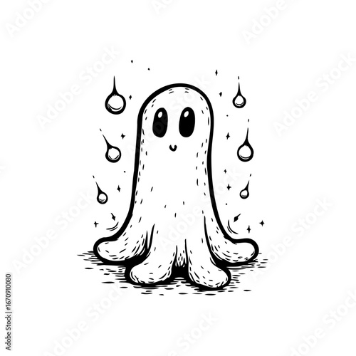 Illustrative ghost with cheerful expression and unique droplet accents evokes feelings of playful