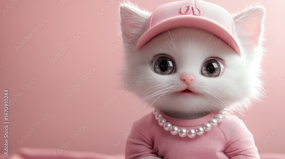 Obraz premium Cute white kitten, pink outfit, studio backdrop, adorable pet fashion, website banner