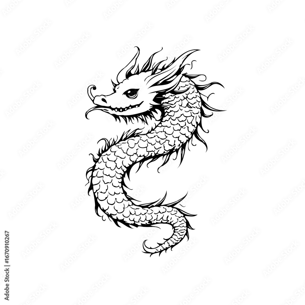 Fototapeta premium Intricate line art depicts a majestic dragon coiled against a plain white background showcasing