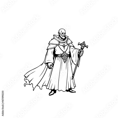 Intricate illustration of a mystical sorcerer wielding a staff showcasing ancient knowledge and