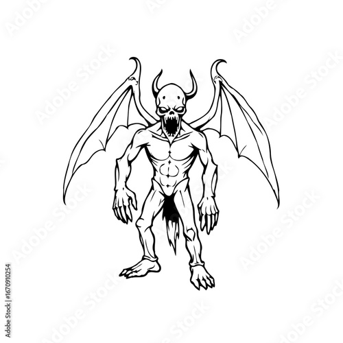 Intricate ink illustration of a winged horned demon: evocative of macabre fantasy and dark arts