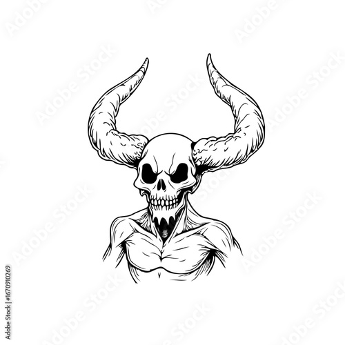 Intricate line art depiction of a horned skeletal figure evoking otherworldly horror and dark