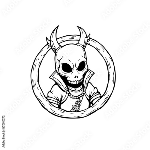 Intricate line art drawing featuring a horned skull figure framed within a rough circular border