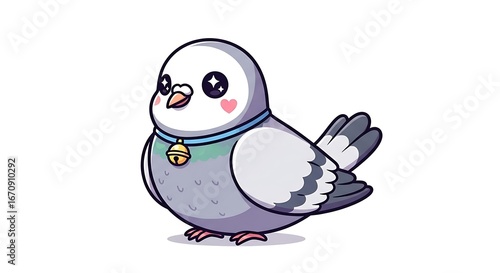 Cute cartoon pigeon with collar and bell isolated on white background adorable bird