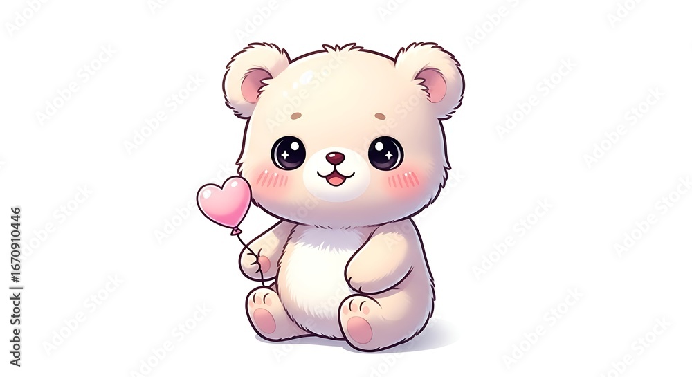 Naklejka premium Adorable cartoon teddy bear holding pink heart balloon isolated on white background conveying love and affection