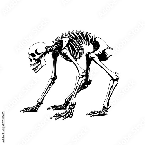 Intricate skeletal depiction rendered in stark monochrome showcasing anatomical study of humanoid