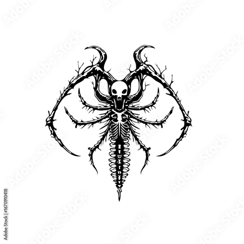 Intricate skeletal insect design with organic textures and a symmetrical dark artistic