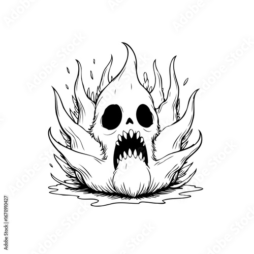 Intricate skull engulfed in mystical flames in black and white a ghostly specter of folklore art