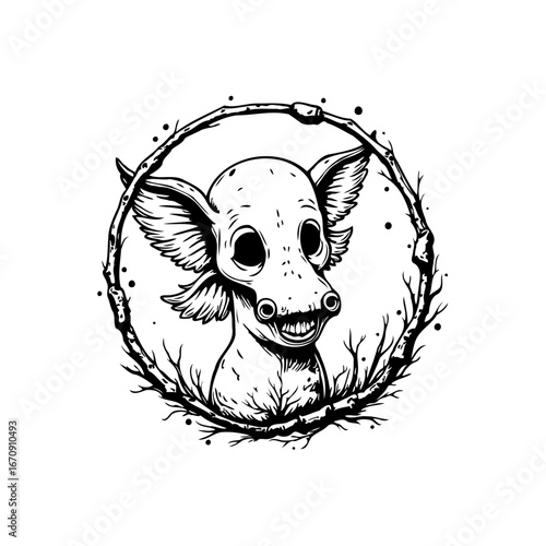 Intriguing creature illustration showcasing unique features within a rustic circular frame