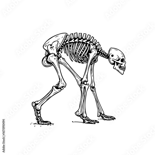 Intriguing skeletal figure depicting an unusual posture symbolizing mortality or introspection