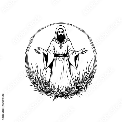 Monk illustration within a grassy circular frame offering solace and spiritual guidance with