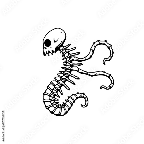 Minimalist skeletal creature illustration exhibiting a spinal column design and whimsical