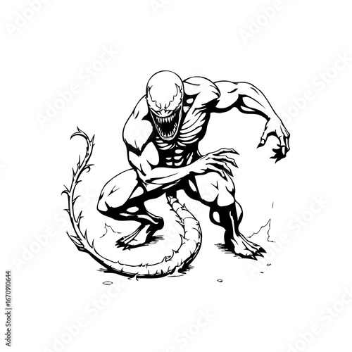 Menacing humanoid creature in aggressive pose monochromatic depiction with spiked tail and sharp